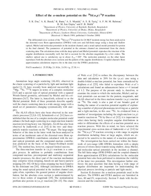 (PDF) Effect of the alpha-nucleus potential on the 28Si(alpha,p)31P ...