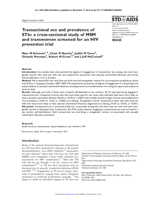 (PDF) Transactional sex and prevalence of STIs a crosssectional study of MSM and transwomen