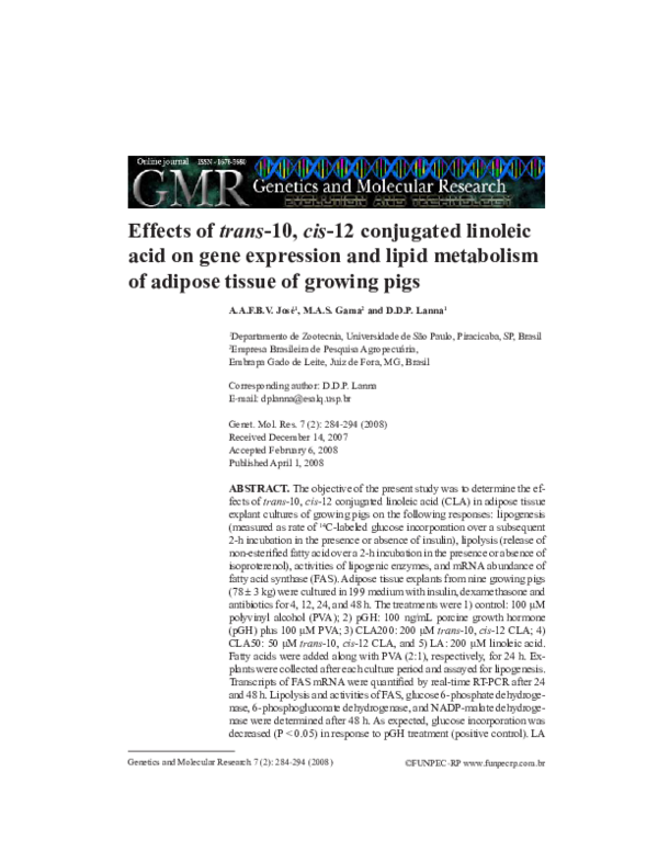 (PDF) Effects of trans10, cis12 conjugated linoleic acid on gene