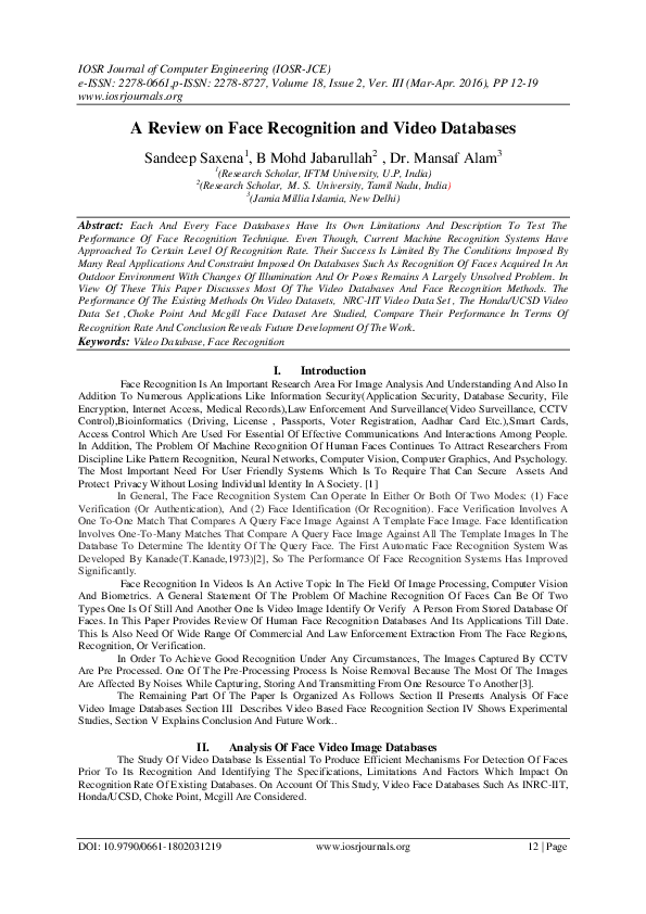 (PDF) A Review on Face Recognition and Video Databases IOSR Journals
