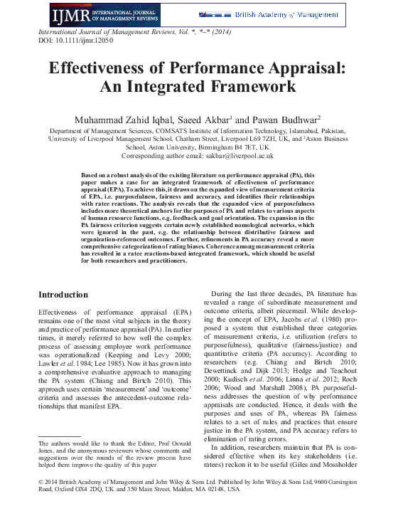 Effectiveness Of Performance Appraisal: An Integrated Framework – LEFMAT