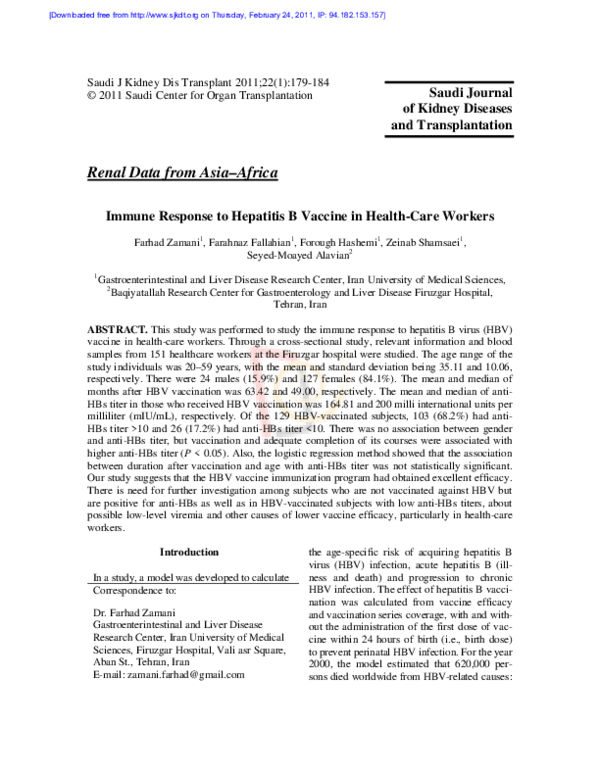 (PDF) Immune response to hepatitis B vaccine in health-care workers