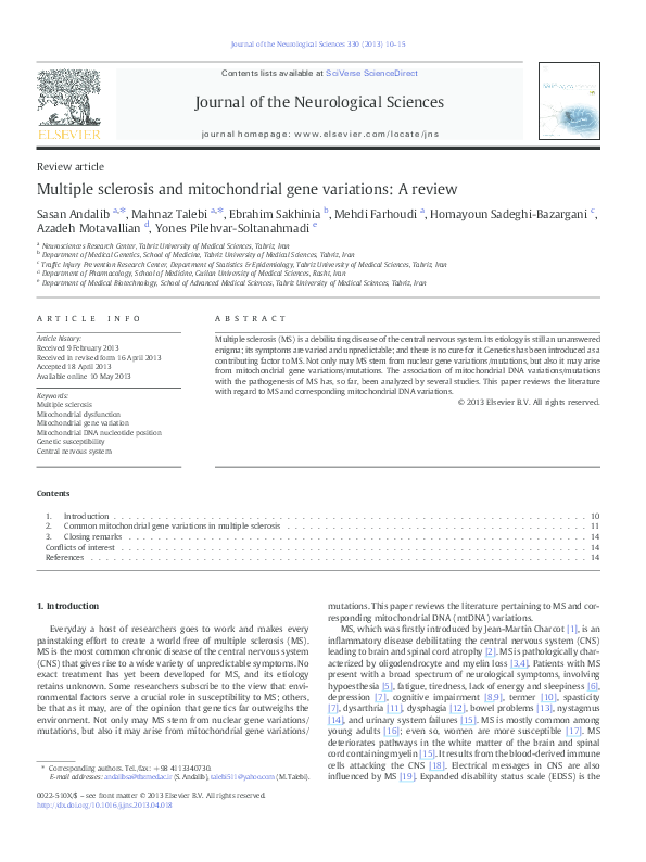 (PDF) Multiple sclerosis and mitochondrial gene variations: A review