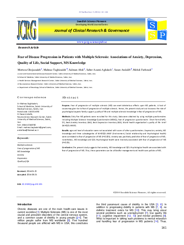 (PDF) Fear of Disease Progression in Patients with Multiple Sclerosis ...