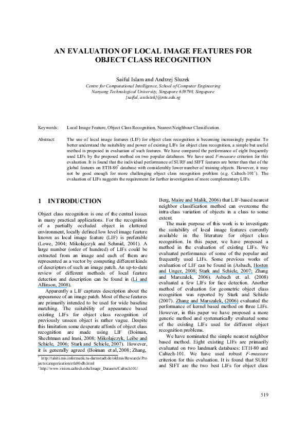 (PDF) An Evaluation of Local Image Features for Object Class Recognition