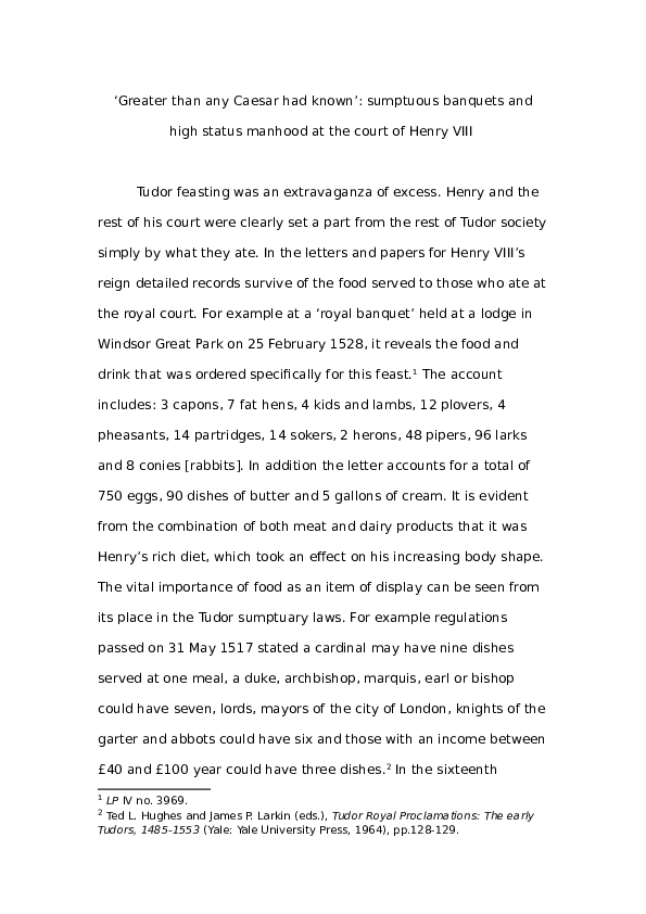 'Greater than any Caesar had known': sumptuous banquets and high status manhood at the court of Henry VIII