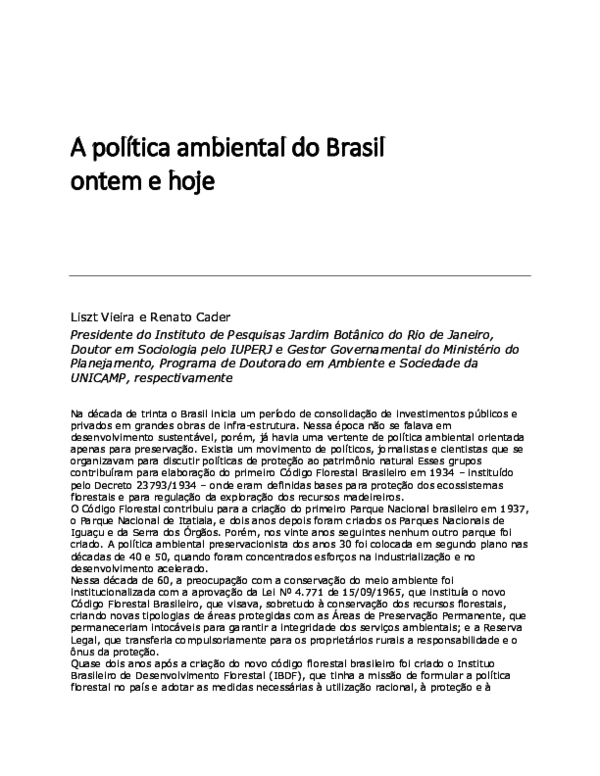 (PDF) A política ambiental do Brasil ontem e hoje