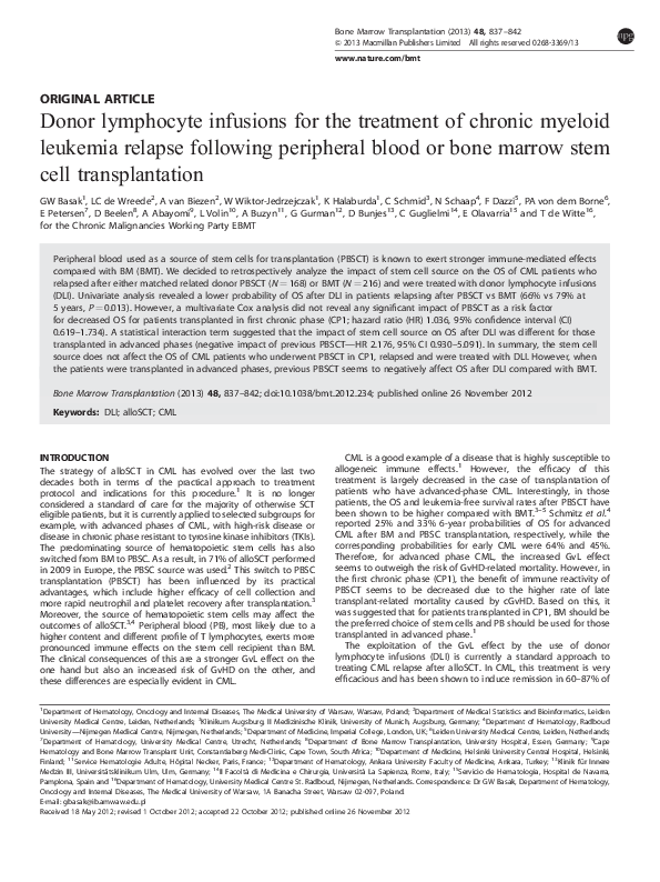 (PDF) Donor lymphocyte infusions for the treatment of chronic myeloid