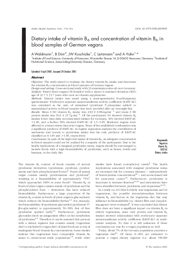 (PDF) Dietary intake of vitamin B6 and concentration of vitamin B6 in