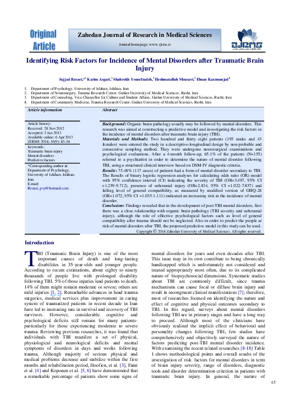 (PDF) Identifying Risk Factors for Incidence of Mental Disorders after ...