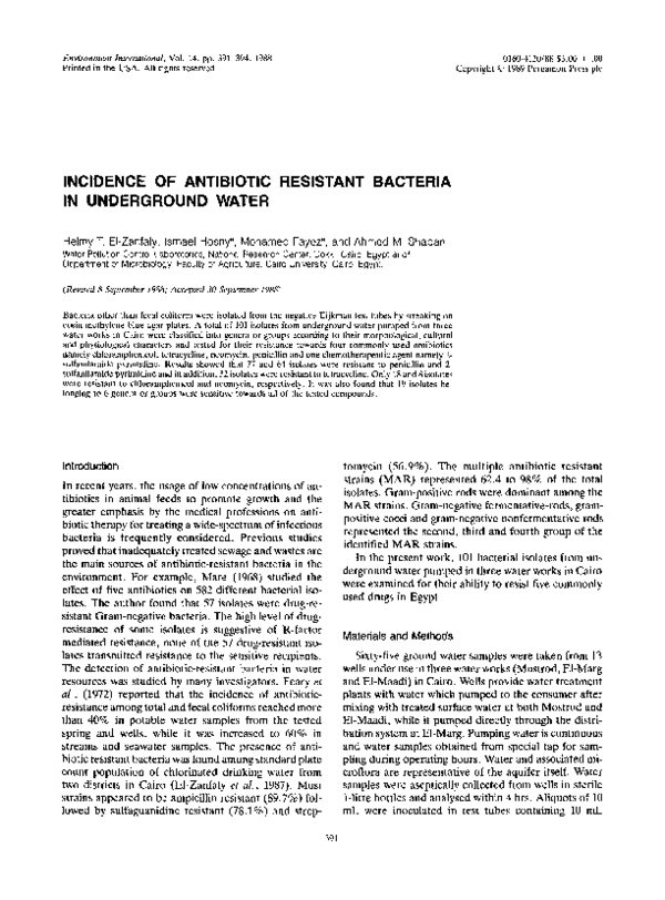 (PDF) Incidence of antibiotic resistant bacteria in underground water