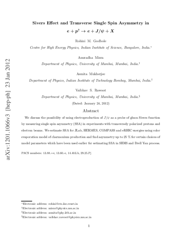 (PDF) Transverse Single Spin Asymmetry in p + p ↑ → | Anuradha Misra ...