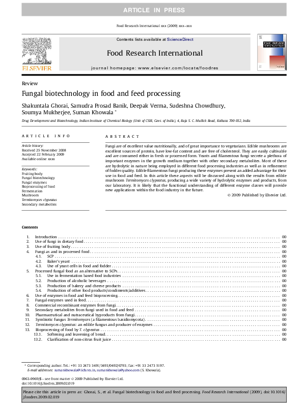 (PDF) Fungal Biotechnology in Food and Feed Processing Shameek Ghorai