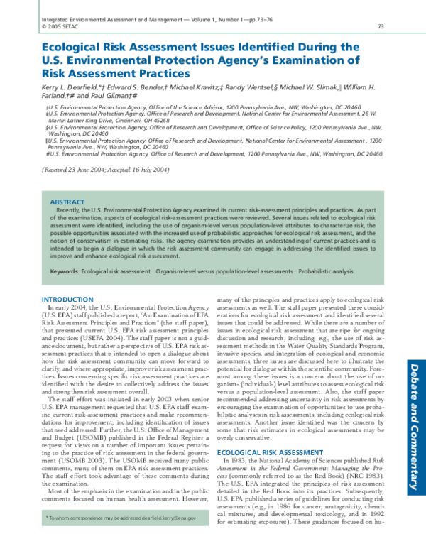 (PDF) A framework for ecological risk assessment at the EPA Michael