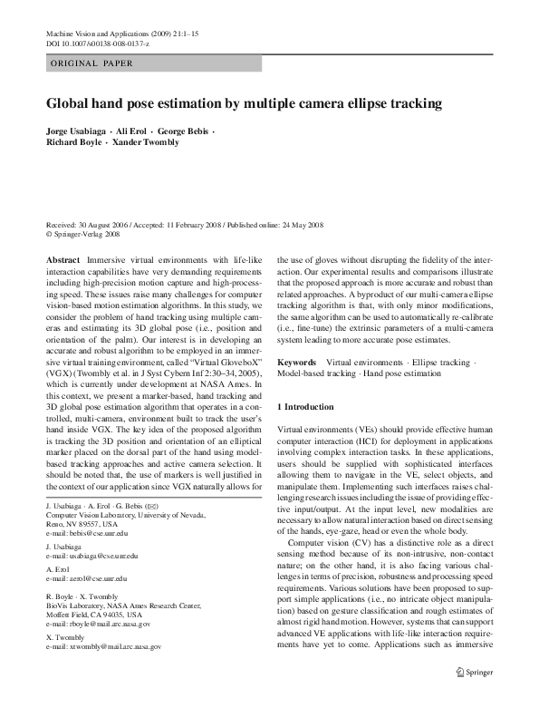 (PDF) Global Hand Pose Estimation by Multiple Camera Ellipse Tracking