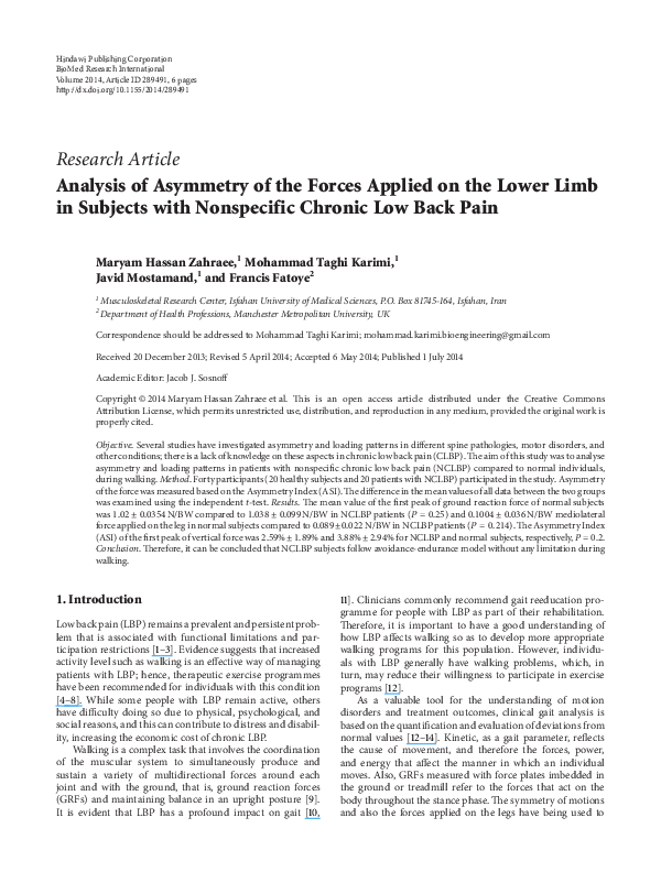 (PDF) Analysis of Asymmetry of the Forces Applied on the Lower Limb in ...