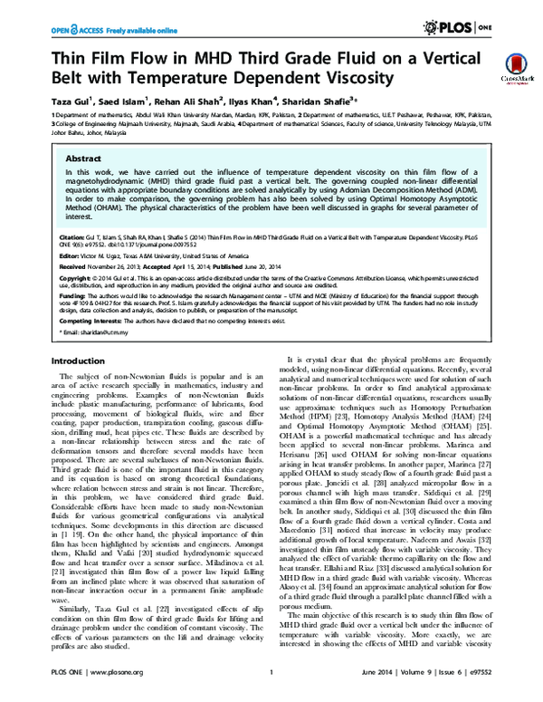 (PDF) Thin Film Flow in MHD Third Grade Fluid on a Vertical Belt with ...