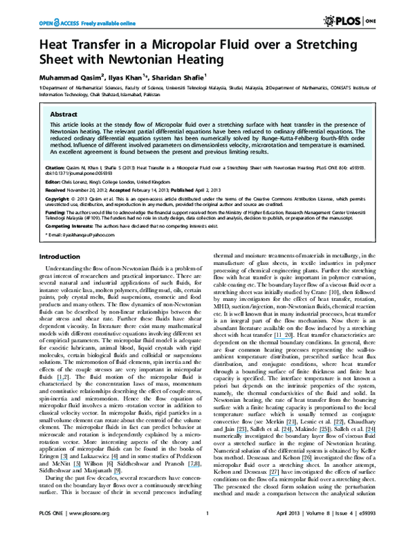 (PDF) Heat Transfer in a Micropolar Fluid over a Stretching Sheet with ...
