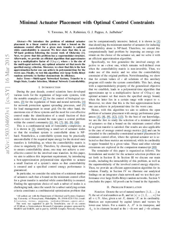 (PDF) Minimal actuator placement with optimal control constraints