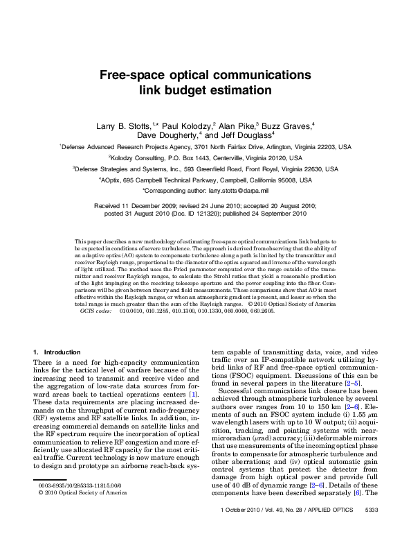 (PDF) Freespace optical communications link budget estimation Paul