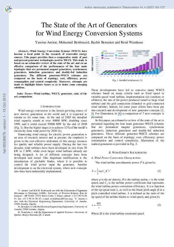 (PDF) The state of the art of generators for wind energy conversion systems M. Benbouzid