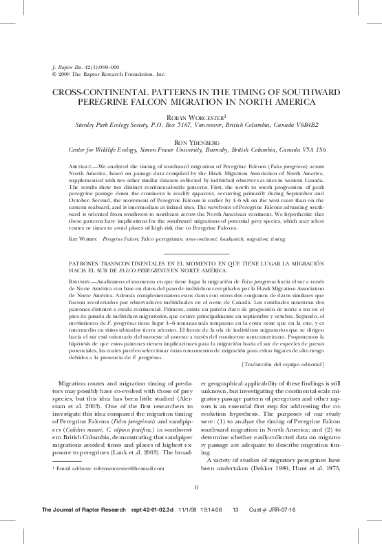 (PDF) Cross-Continental Patterns in the Timing of Southward Peregrine ...