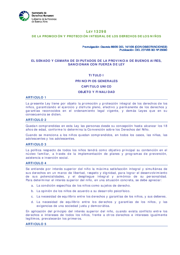 (PDF) LEY 13298 DE LA PROMOCIÓN Y PROTECCIÓN INTEGRAL DE LOS DERECHOS ...