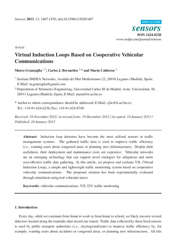 (PDF) Virtual Induction Loops Based on Cooperative Vehicular Communications