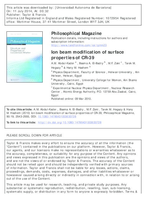 (PDF) Ion beam modification of surface properties of CR39
