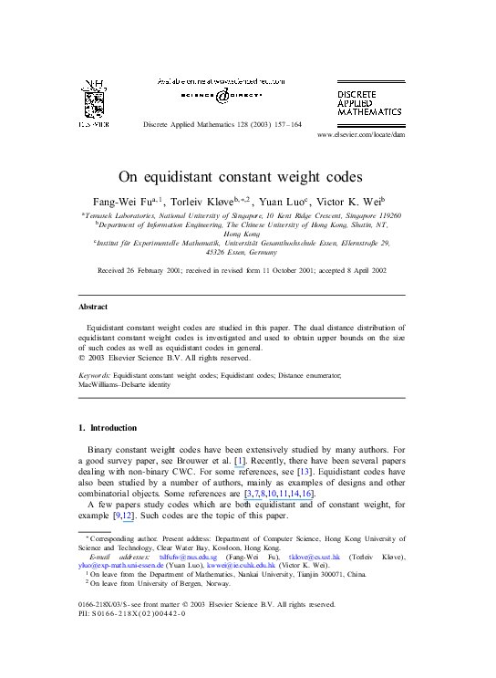 (PDF) On equidistant constant weight codes | Torleiv Klove - Academia.edu
