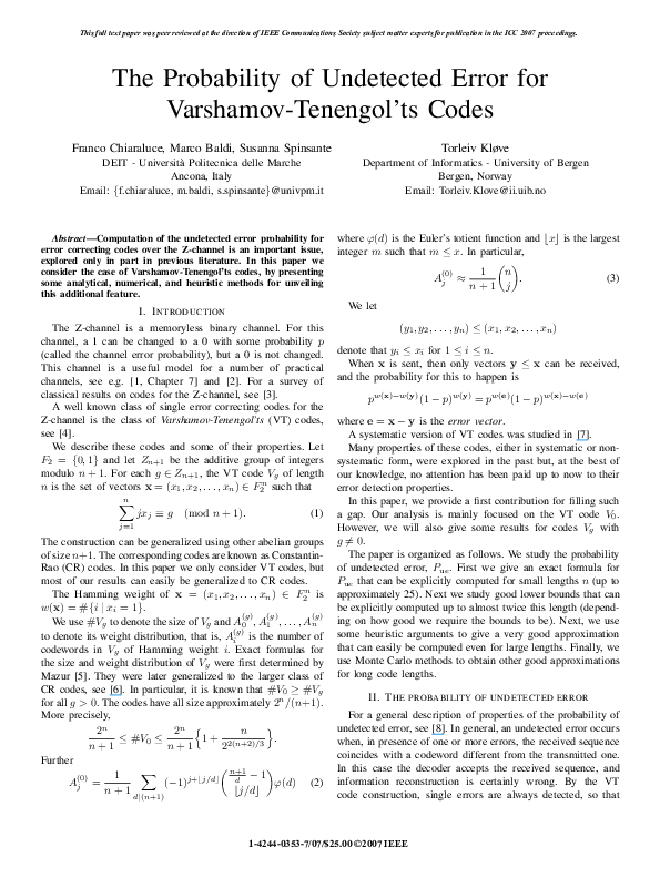 (PDF) The probability of undetected error for Varshamov-Tenengol'ts codes
