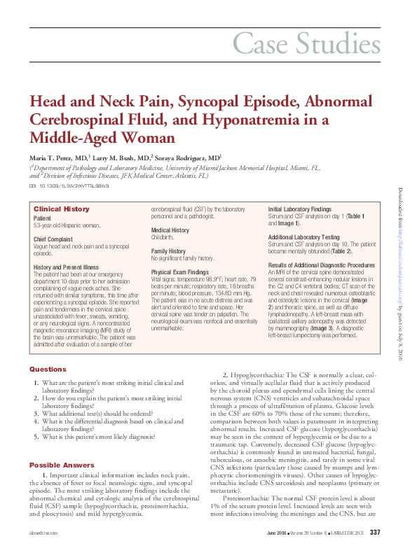 (PDF) Head and Neck Pain, Syncopal Episode, Abnormal Cerebrospinal ...
