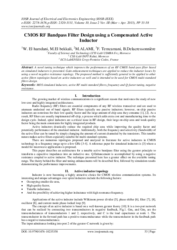 (PDF) CMOS RF Bandpass Filter Design using a Compensated Active