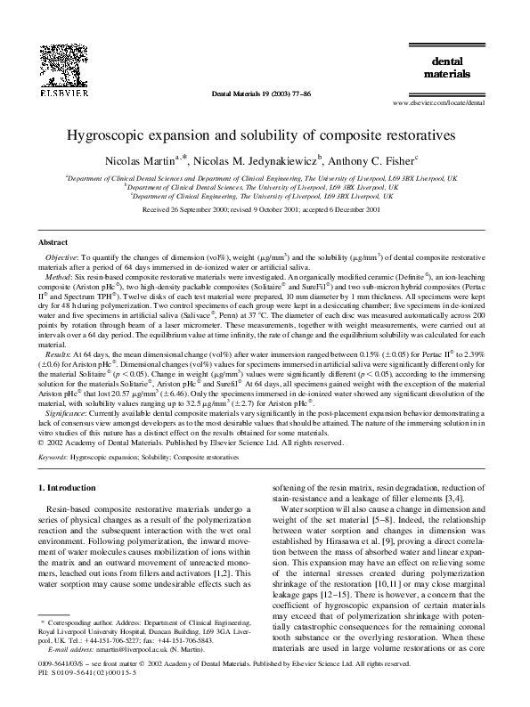 (PDF) Hygroscopic expansion and solubility of composite restoratives