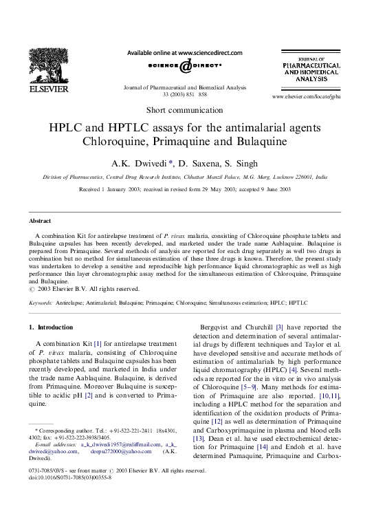 (PDF) HPLC and HPTLC assays for the antimalarial agents Chloroquine