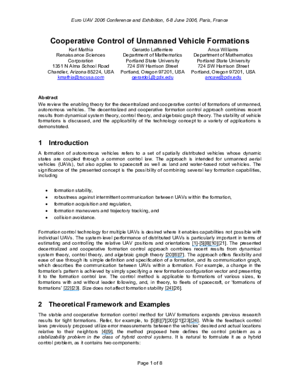(PDF) Cooperative Control of Unmanned Vehicle Formations