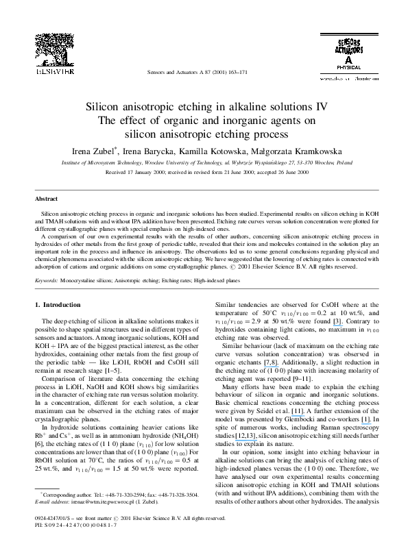 (PDF) Silicon anisotropic etching in alkaline solutions III: On the ...