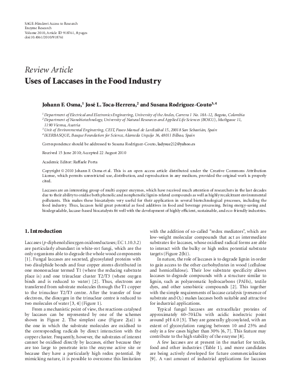 (PDF) Uses of Laccases in the Food Industry José Tocaherrera