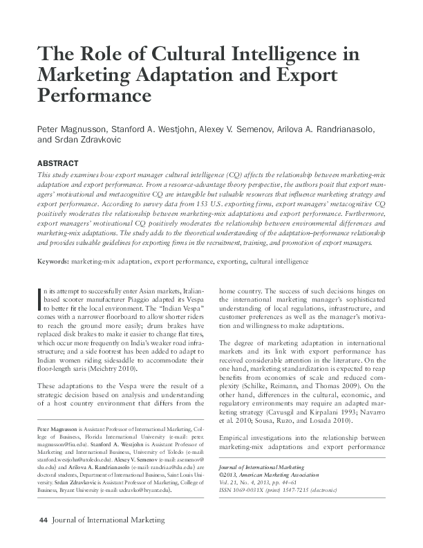 (PDF) The Role of Cultural Intelligence in Marketing Adaptation and ...