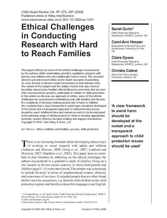 (PDF) Ethical challenges in conducting research with hard to reach families