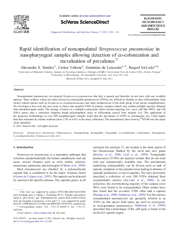 (PDF) Rapid identification of noncapsulated Streptococcus pneumoniae in ...