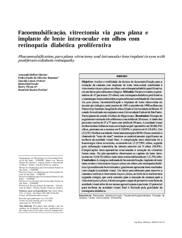 (PDF) Facoemulsificação, vitrectomia via pars plana e implante de lente intraocular em olhos (PDF) Facoemulsificação, vitrectomia via pars plana e implante de lente intraocular em olhos