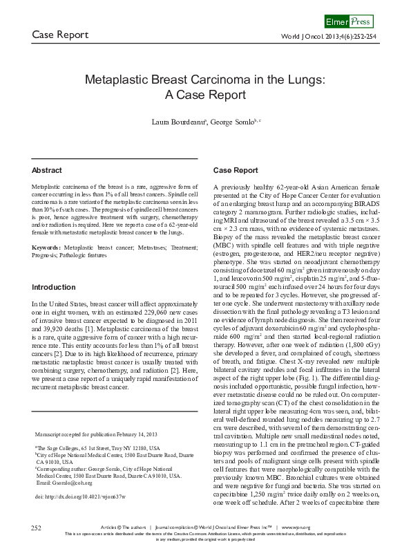 (PDF) Metaplastic Breast Carcinoma in the Lungs: A Case Report