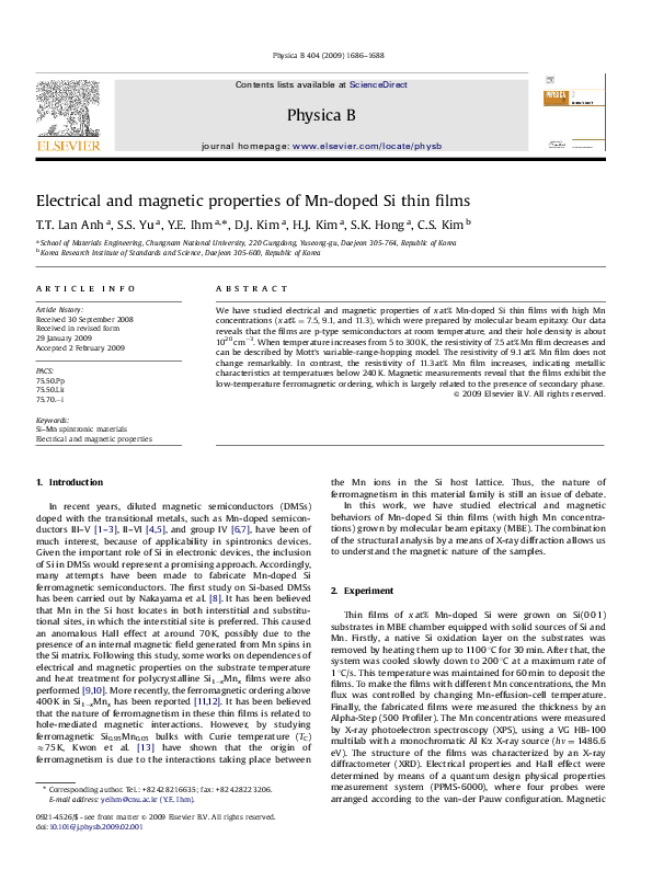 (PDF) Electrical and magnetic properties of Mn-doped Si thin films