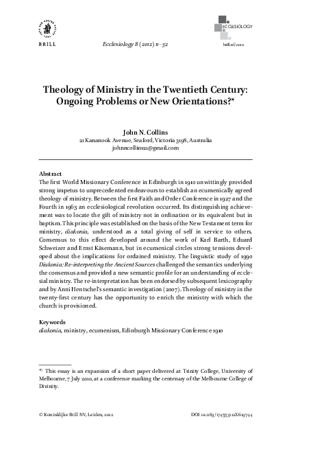 Pdf Theology Of Ministry In The Twentieth Century Ongoing Problems Or New Orientations John N Collins Academia Edu