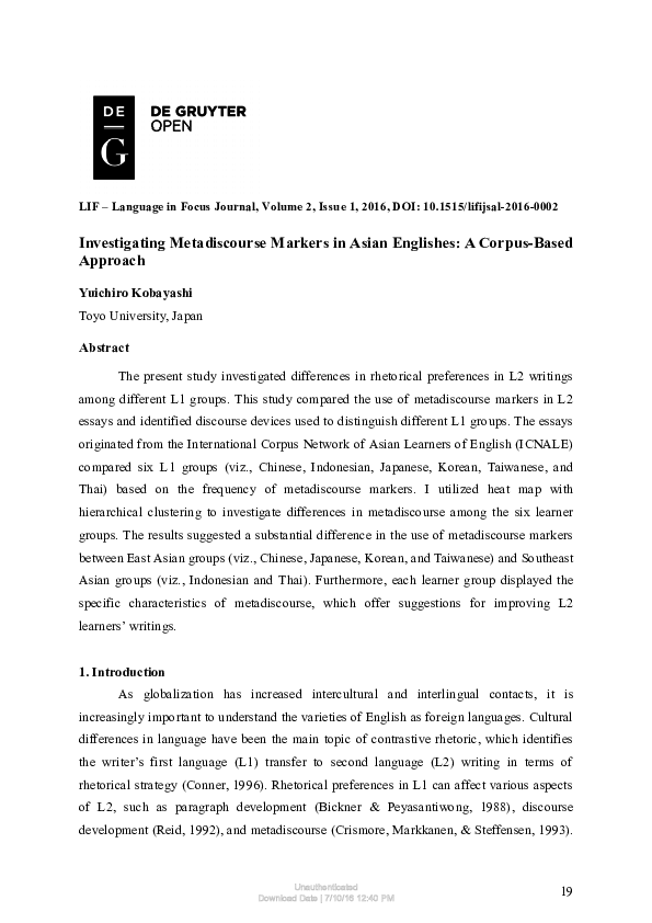 (PDF) Investigating Metadiscourse Markers in Asian Englishes: A Corpus ...