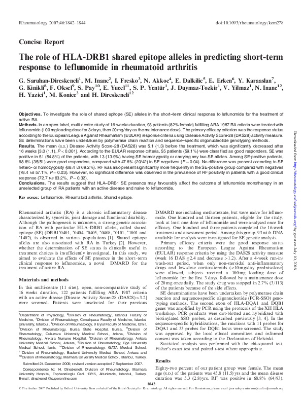 (PDF) The role of HLA-DRB1 shared epitope alleles in predicting short ...