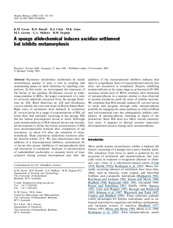 (PDF) Sponge allelochemical induces ascidian development but inhibits ...