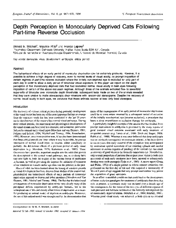 (PDF) Depth Perception in Monocularly Deprived Cats Following Part-time ...