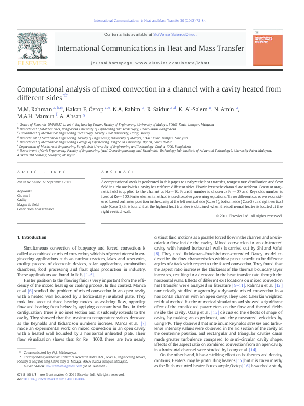 (PDF) Computational analysis of mixed convection in a channel with a ...